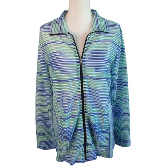 Erin London Women's Long Sleeve Semi Sheer Blue Striped Zip Jacket NWT Size Lg. - Picture 1 of 12